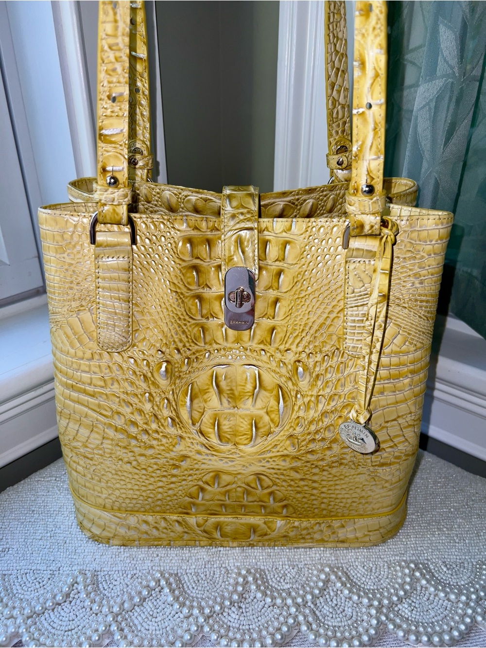 Brahmin Leather FIORA Shoulder Bag in Butter, Soft Yellow with Silver Tipping